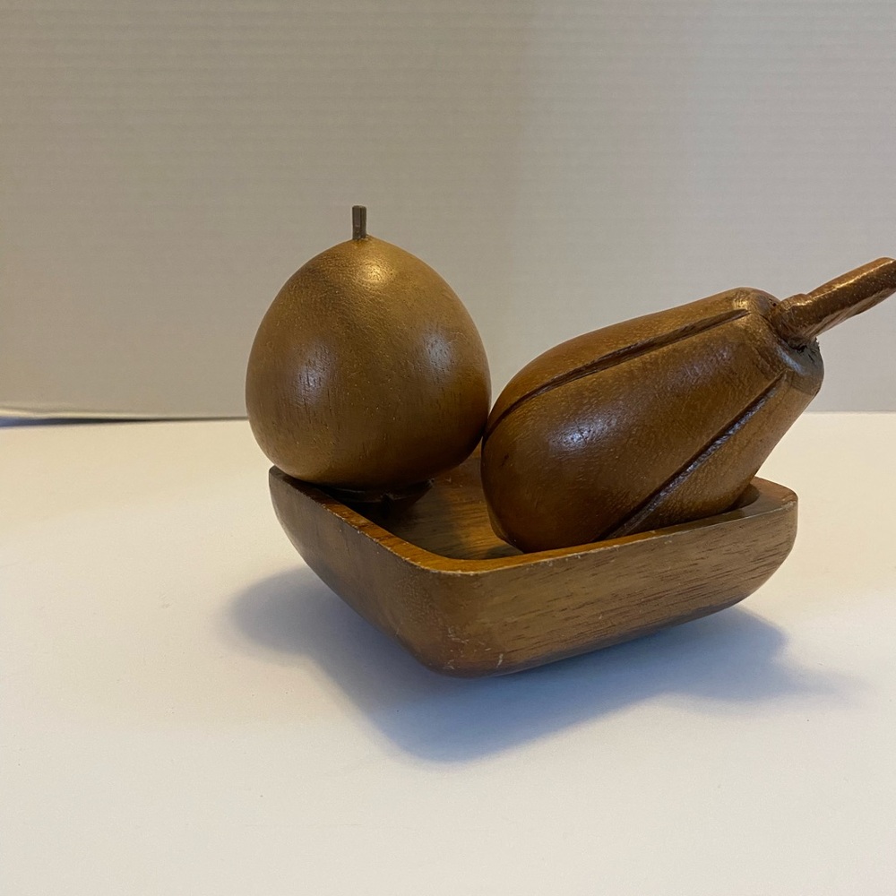 Carved Wooden Fruit Decor Vintage MCM 3 Pieces Staging Pear Apple